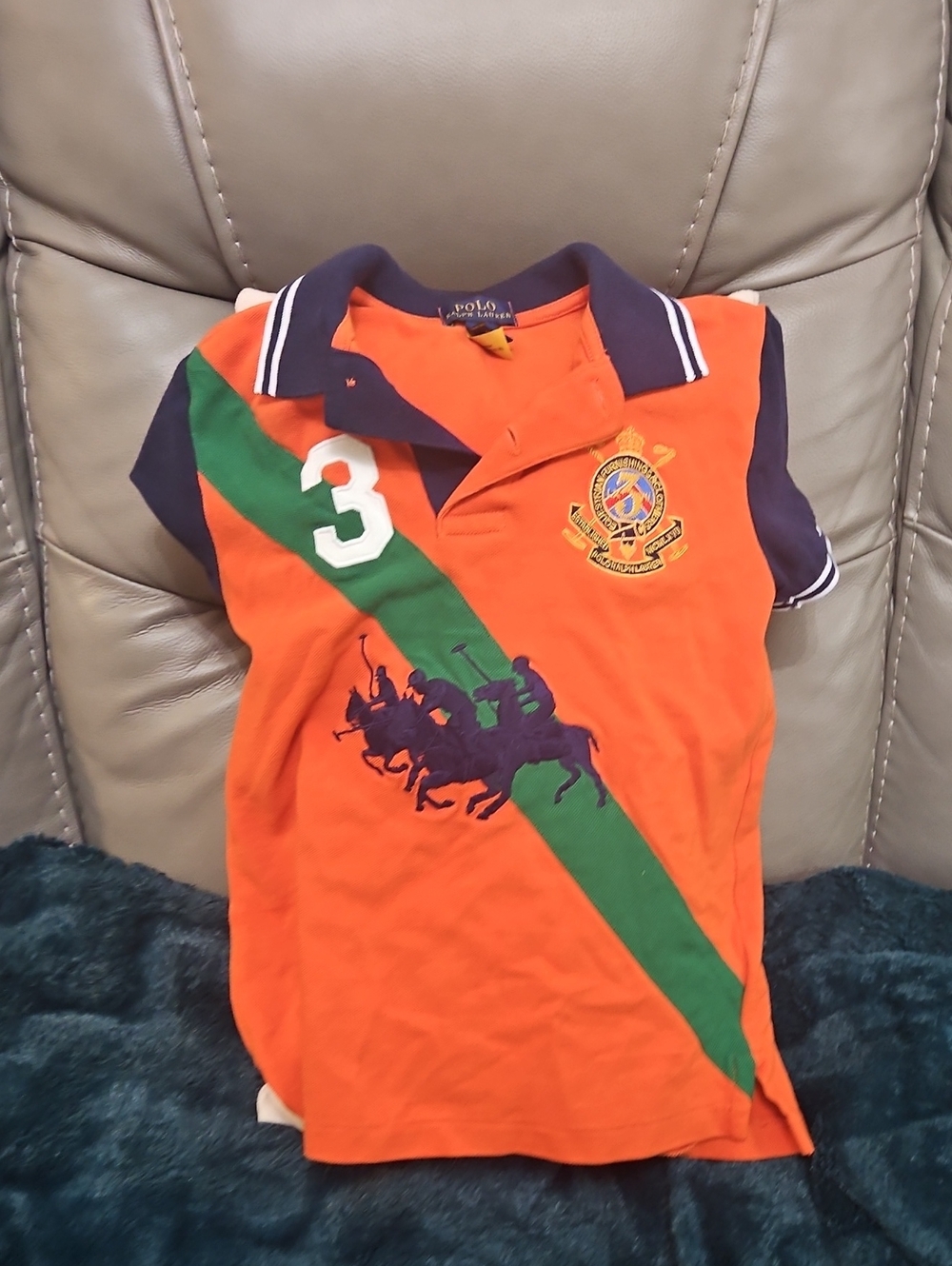 Polo by Ralph Lauren Orange Polo with Green Sash & Navy Trim
